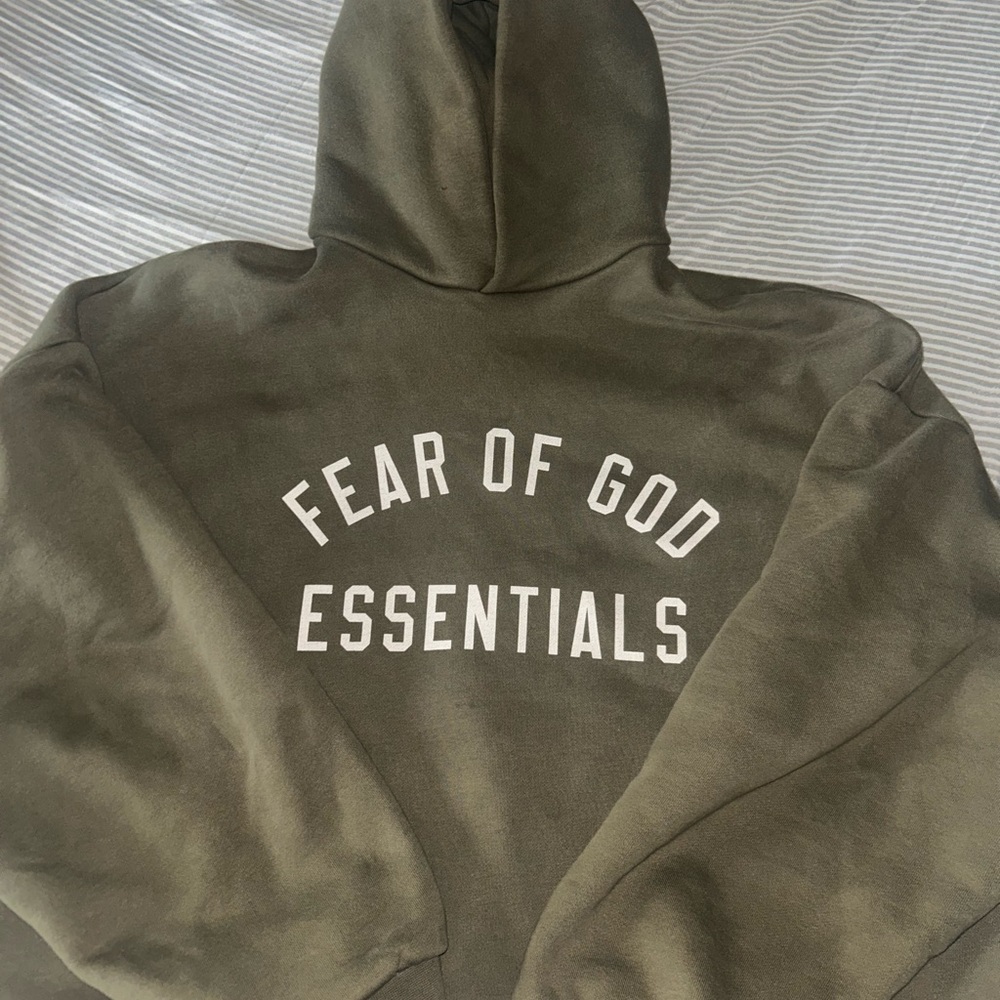 Fear of God Essentials Olive Green Hoodie with White Logo